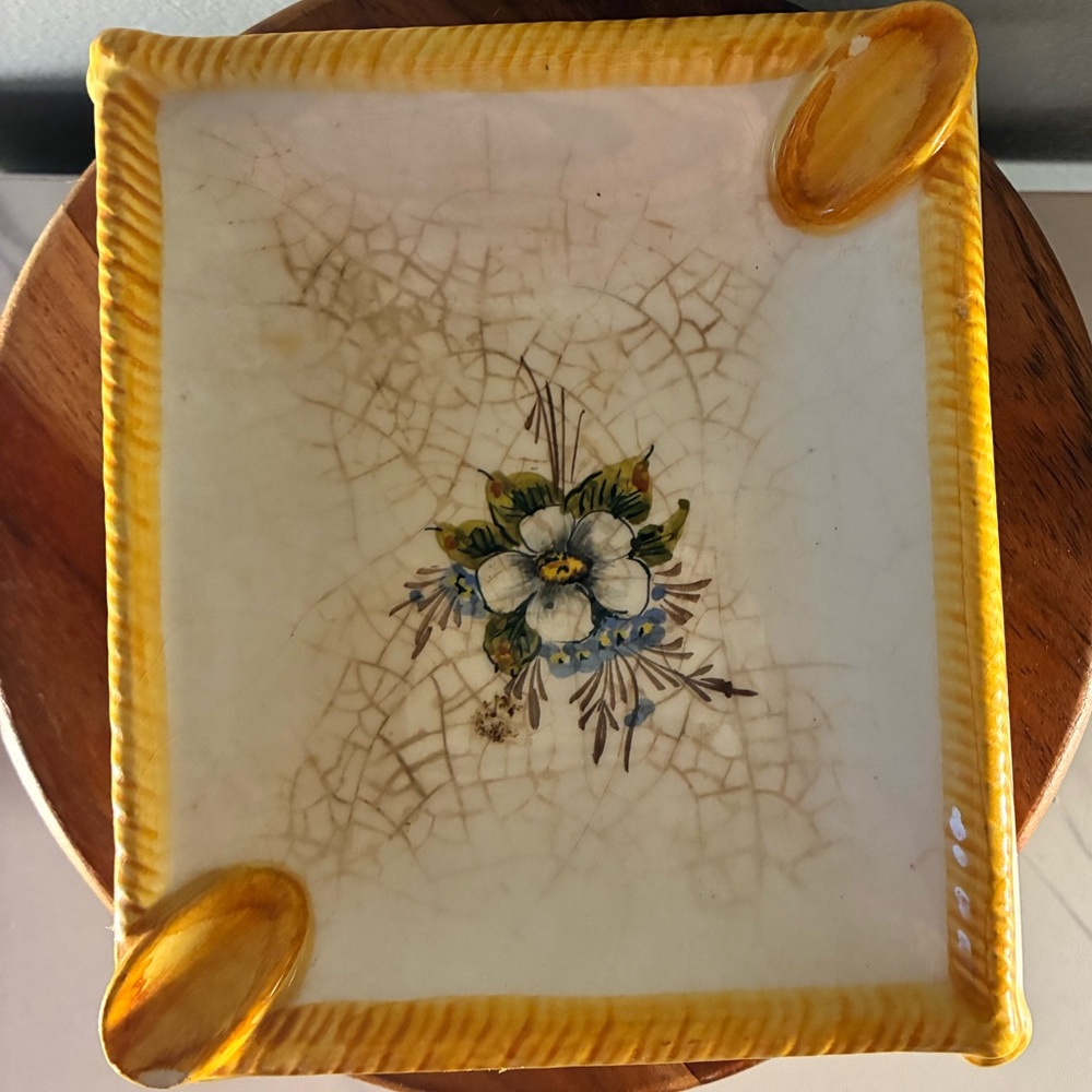 Vintage Italian Crackle Glaze Ashtray Trinket dish pained floral and signed